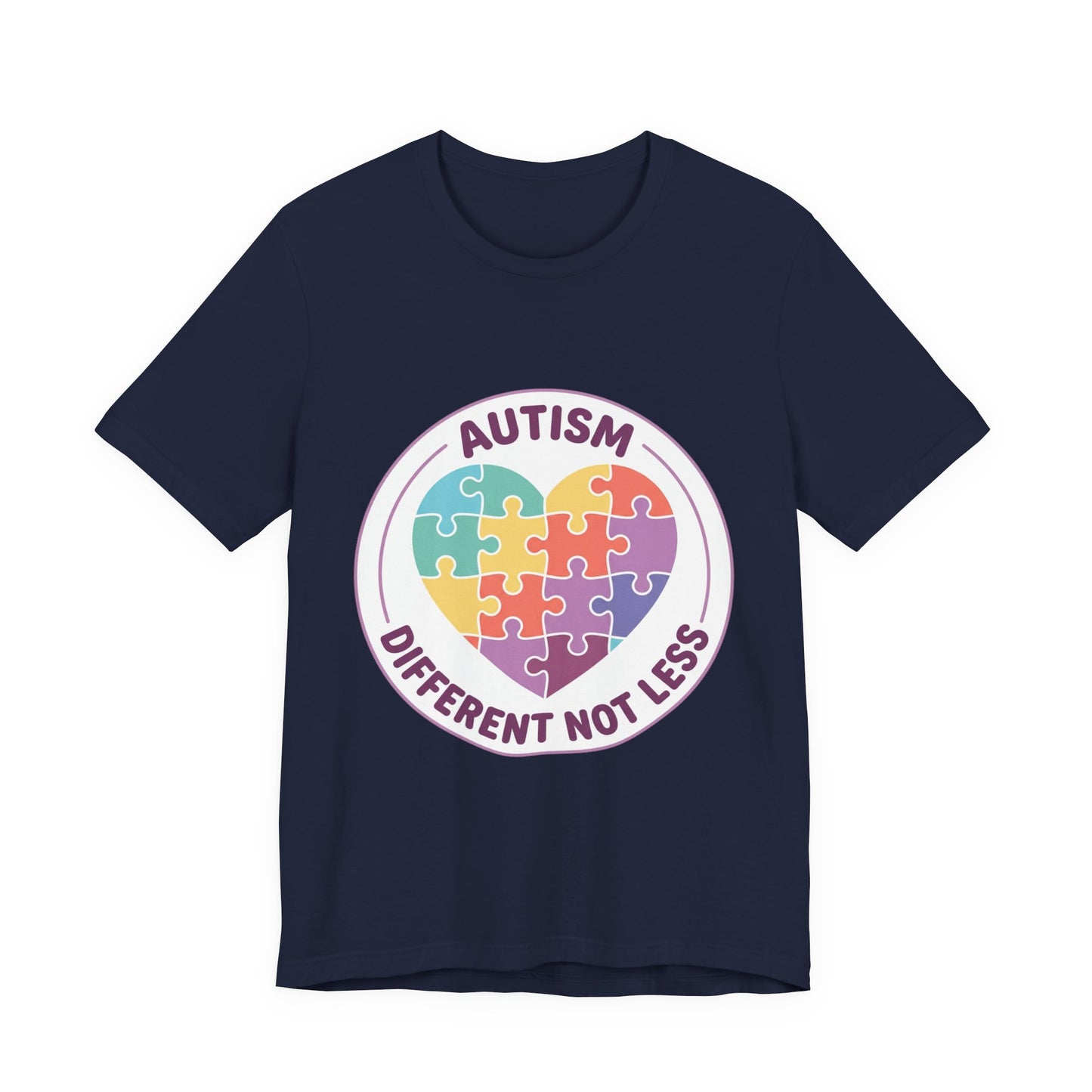 t-shirt with a colorful heart puzzle design and 'Autism Different Not Less' text on a white background