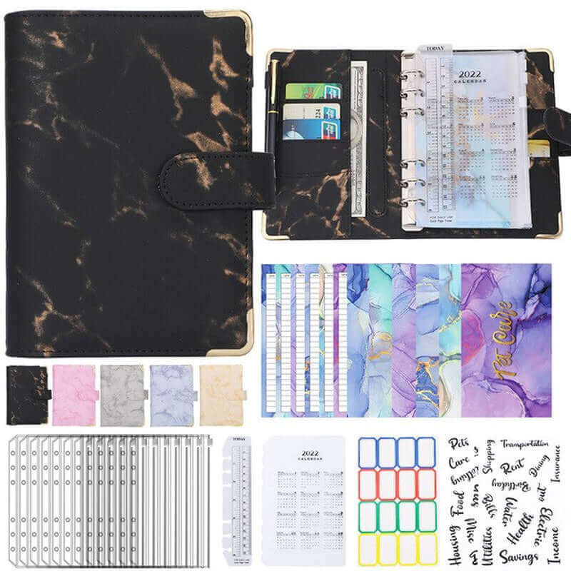 Colorful Marble Money Budget Planner Binder with Zipper and Cash Envelopes