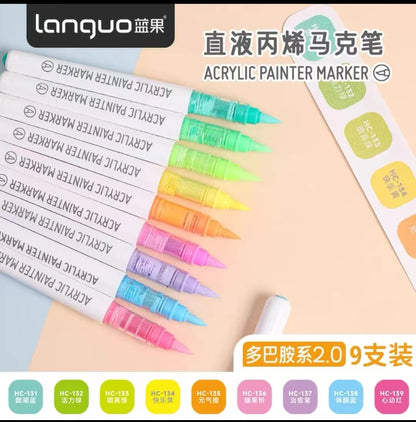 Languo 9-Color Acrylic Marker Pen Set - Versatile Soft Head Markers with Smart Ink Control for Creative Minds