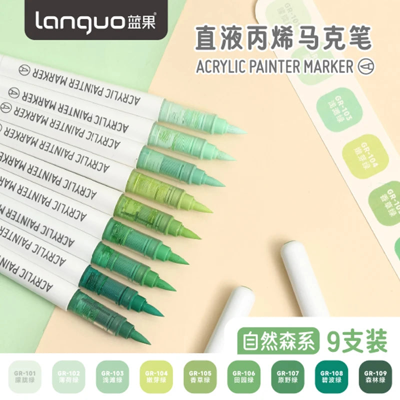 Languo 9-Color Acrylic Marker Pen Set - Versatile Soft Head Markers with Smart Ink Control for Creative Minds