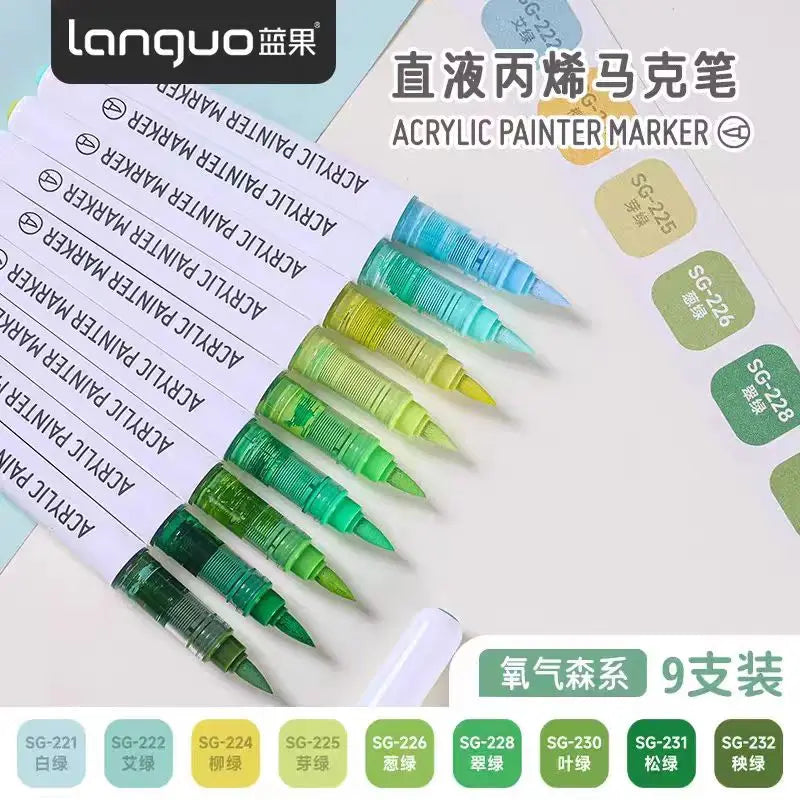 Languo 9-Color Acrylic Marker Pen Set - Versatile Soft Head Markers with Smart Ink Control for Creative Minds