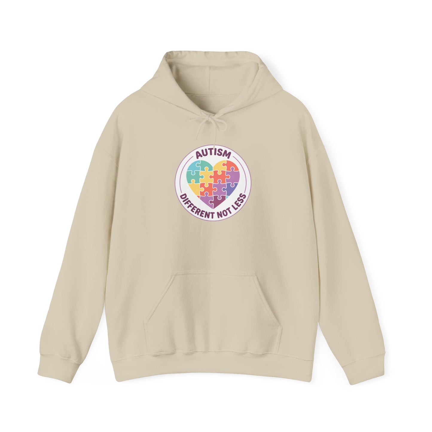 Person wearing a hoodie with an autism awareness design in a casual setting.
