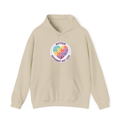 Person wearing a hoodie with an autism awareness design in a casual setting.