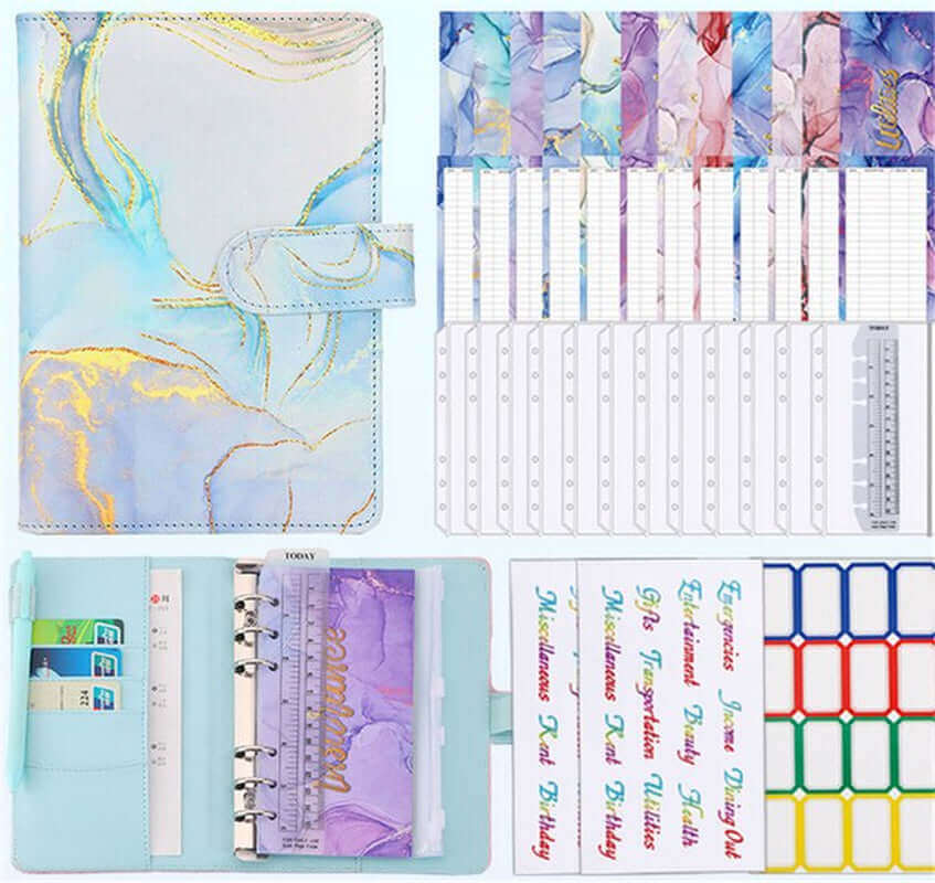 Colorful Marble Money Budget Planner Binder with Zipper and Cash Envelopes