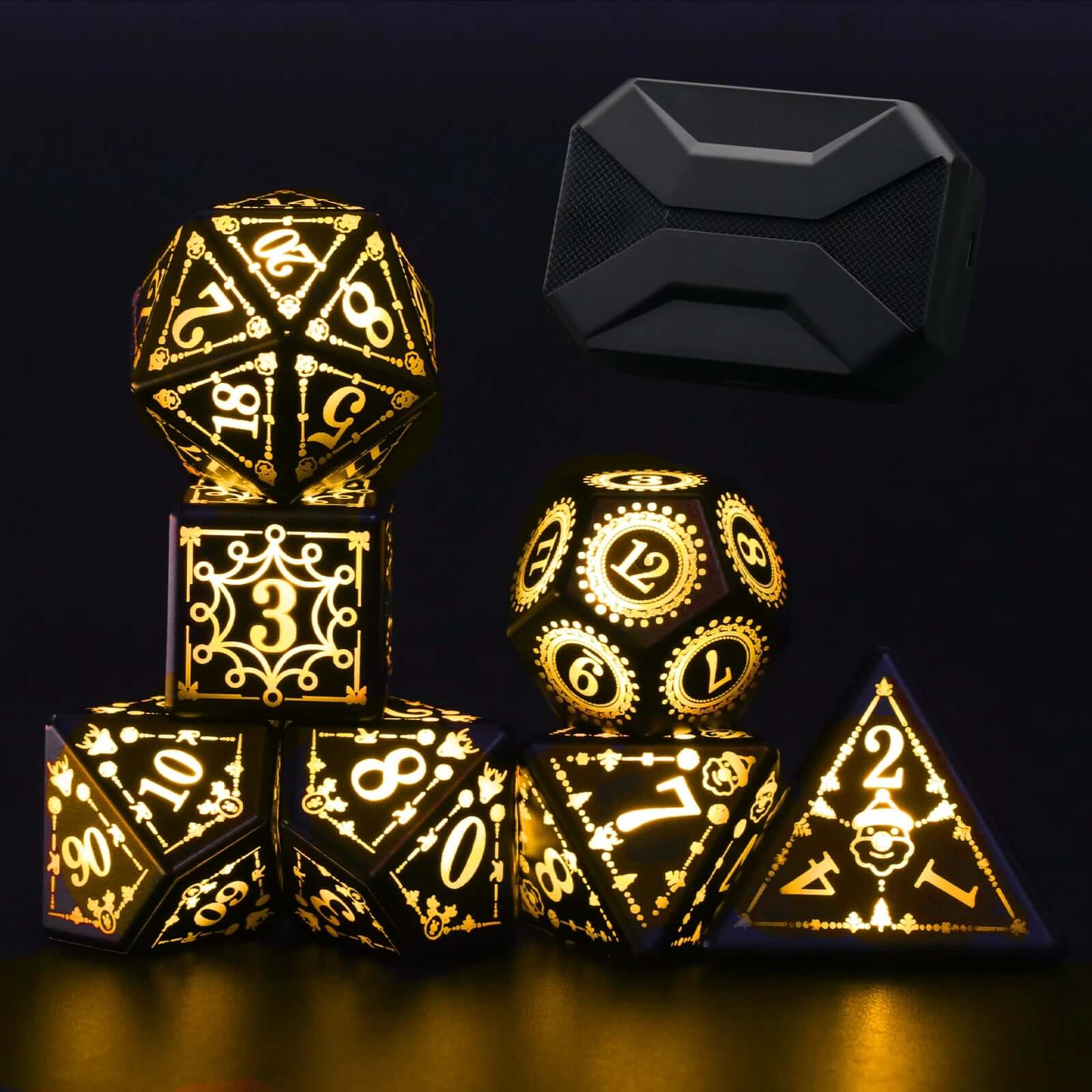 Rechargeable LED Dice Set with Charging Case - 7 Illuminated Dice for Dungeons & Dragons and Tabletop RPGs