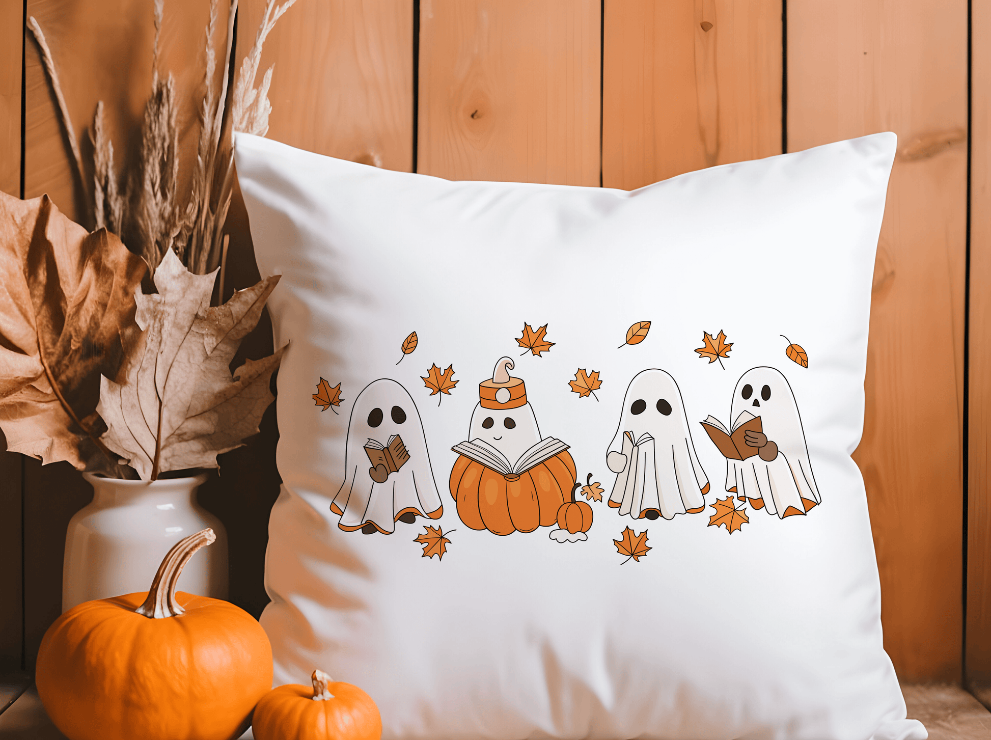 Cozy Ghosts Reading Books Pillow – Whimsical Halloween Décor