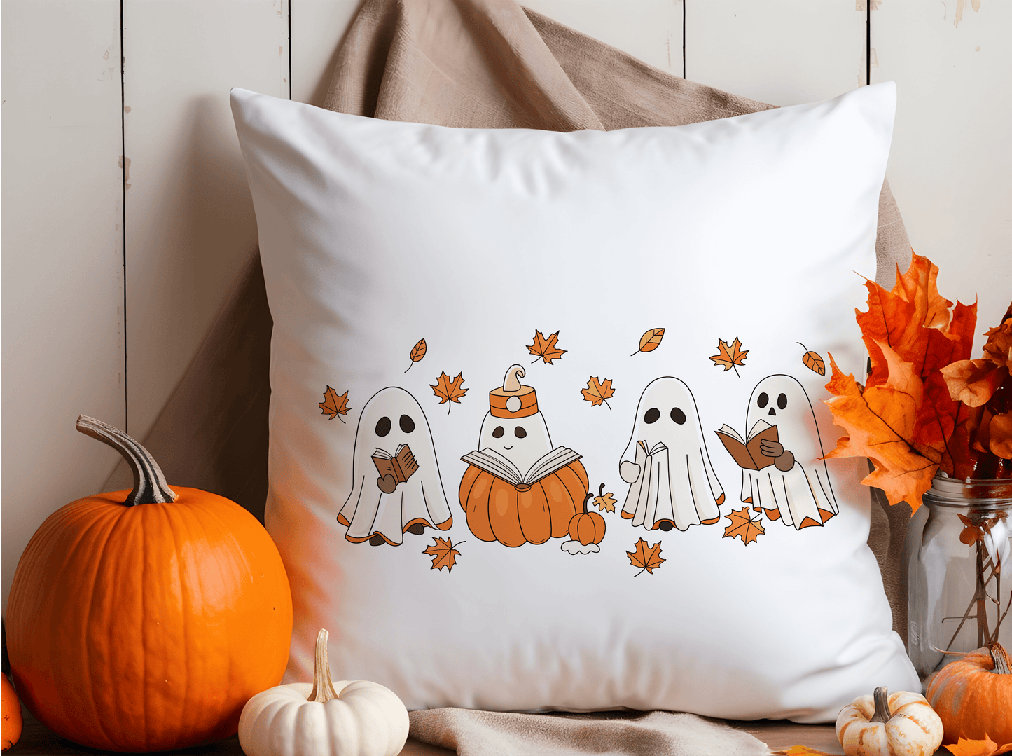 Cozy Ghosts Reading Books Pillow – Whimsical Halloween Décor