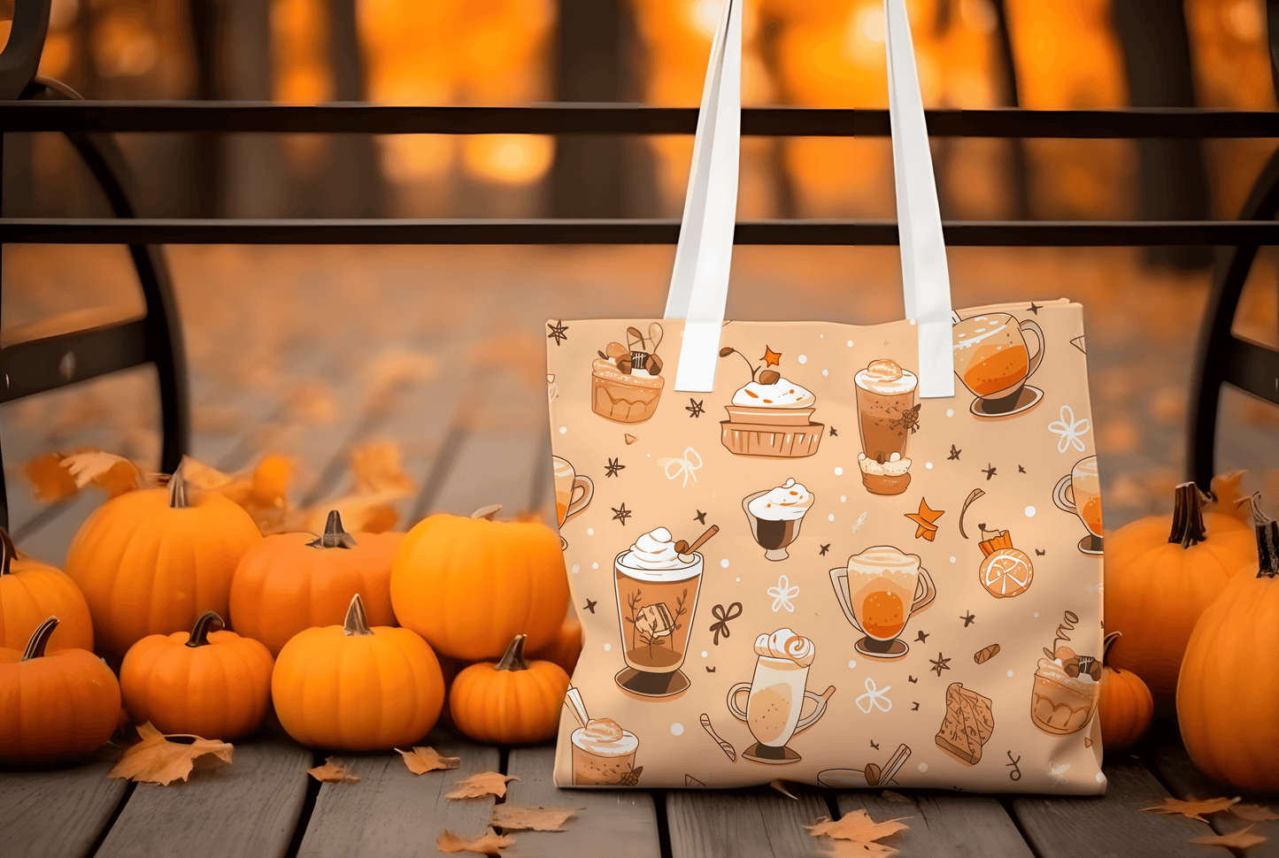 Fall Vibes Tote Bag – Cute Coffee Pattern, Available in Multiple Sizes