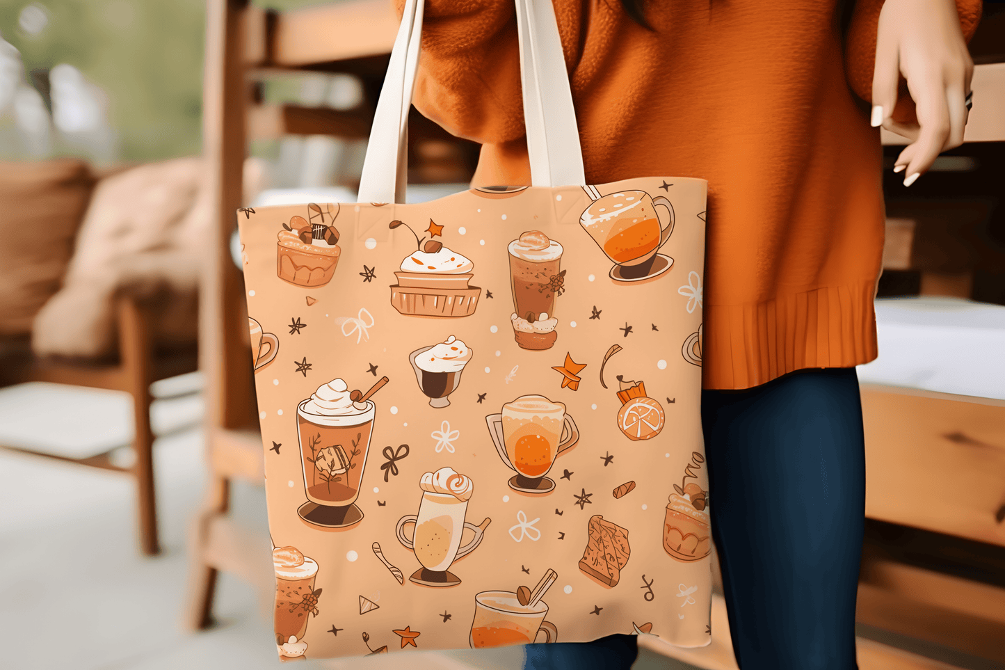 Fall Vibes Tote Bag – Cute Coffee Pattern, Available in Multiple Sizes