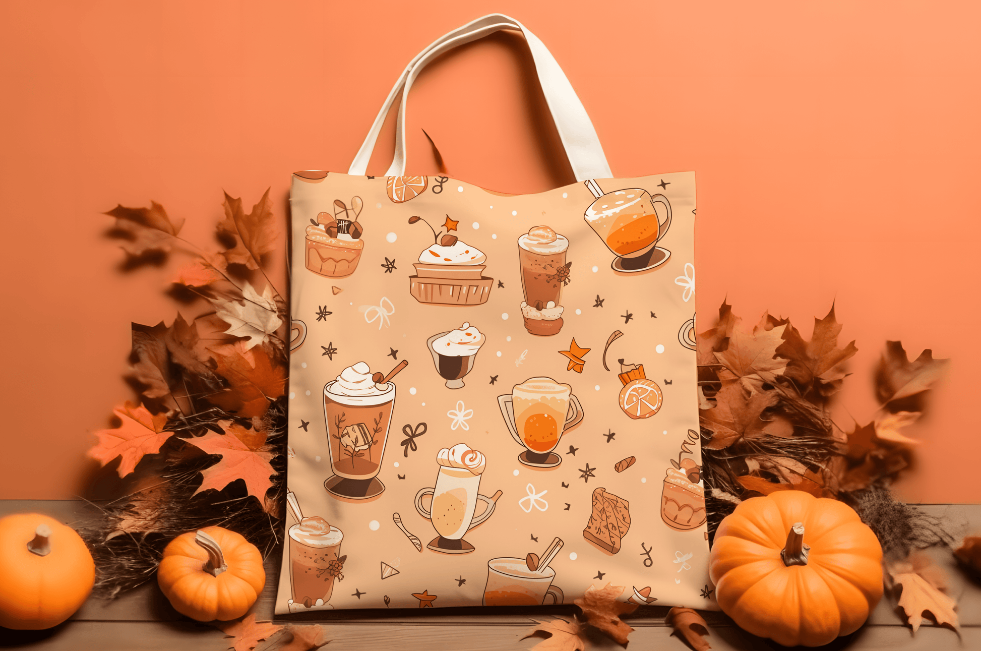 Fall Vibes Tote Bag – Cute Coffee Pattern, Available in Multiple Sizes