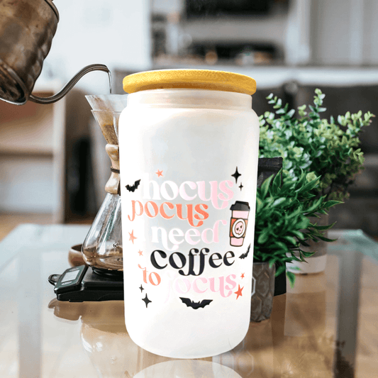 Hocus Pocus I Need Coffee To Focus - 16oz Glass Can Cup | Spooky Design