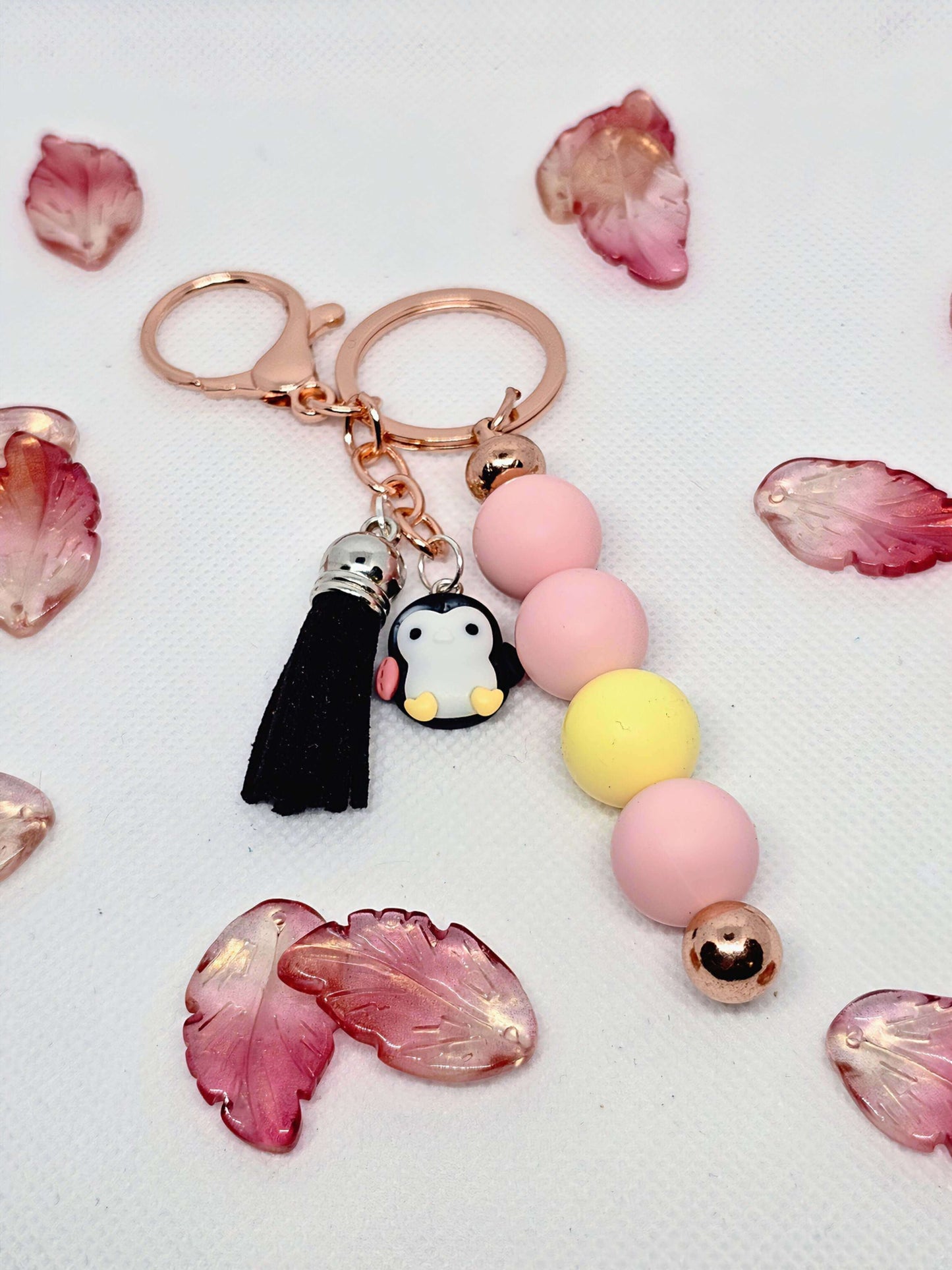 Pink & Yellow keychain,  handmade with a cute penguin and black tassel, handmade designs