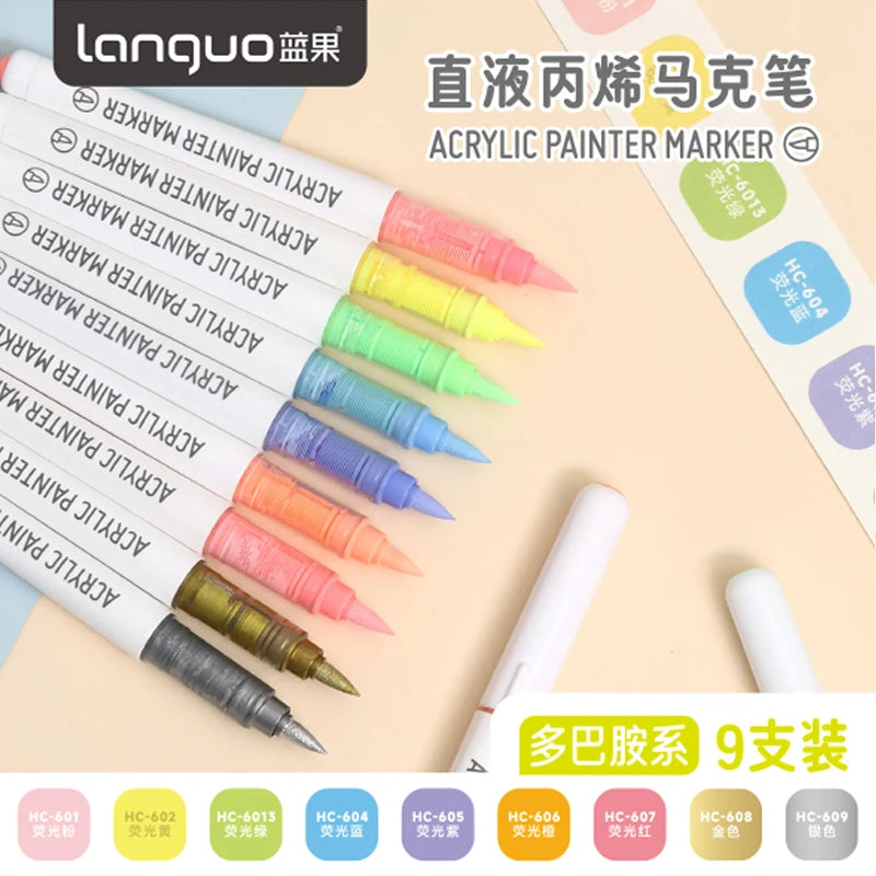 Languo 9-Color Acrylic Marker Pen Set - Versatile Soft Head Markers with Smart Ink Control for Creative Minds