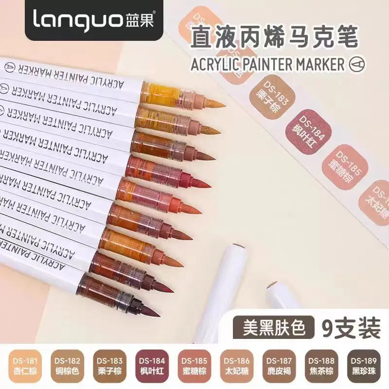 Languo 9-Color Acrylic Marker Pen Set - Versatile Soft Head Markers with Smart Ink Control for Creative Minds