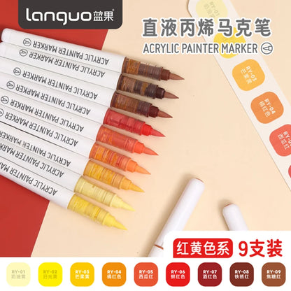 Languo 9-Color Acrylic Marker Pen Set - Versatile Soft Head Markers with Smart Ink Control for Creative Minds