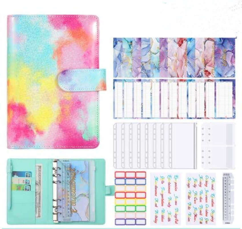 Colorful Marble Money Budget Planner Binder with Zipper and Cash Envelopes