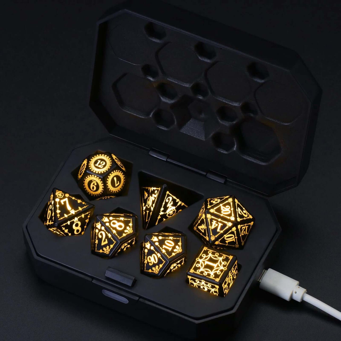 Rechargeable LED Dice Set with Charging Case - 7 Illuminated Dice for Dungeons & Dragons and Tabletop RPGs