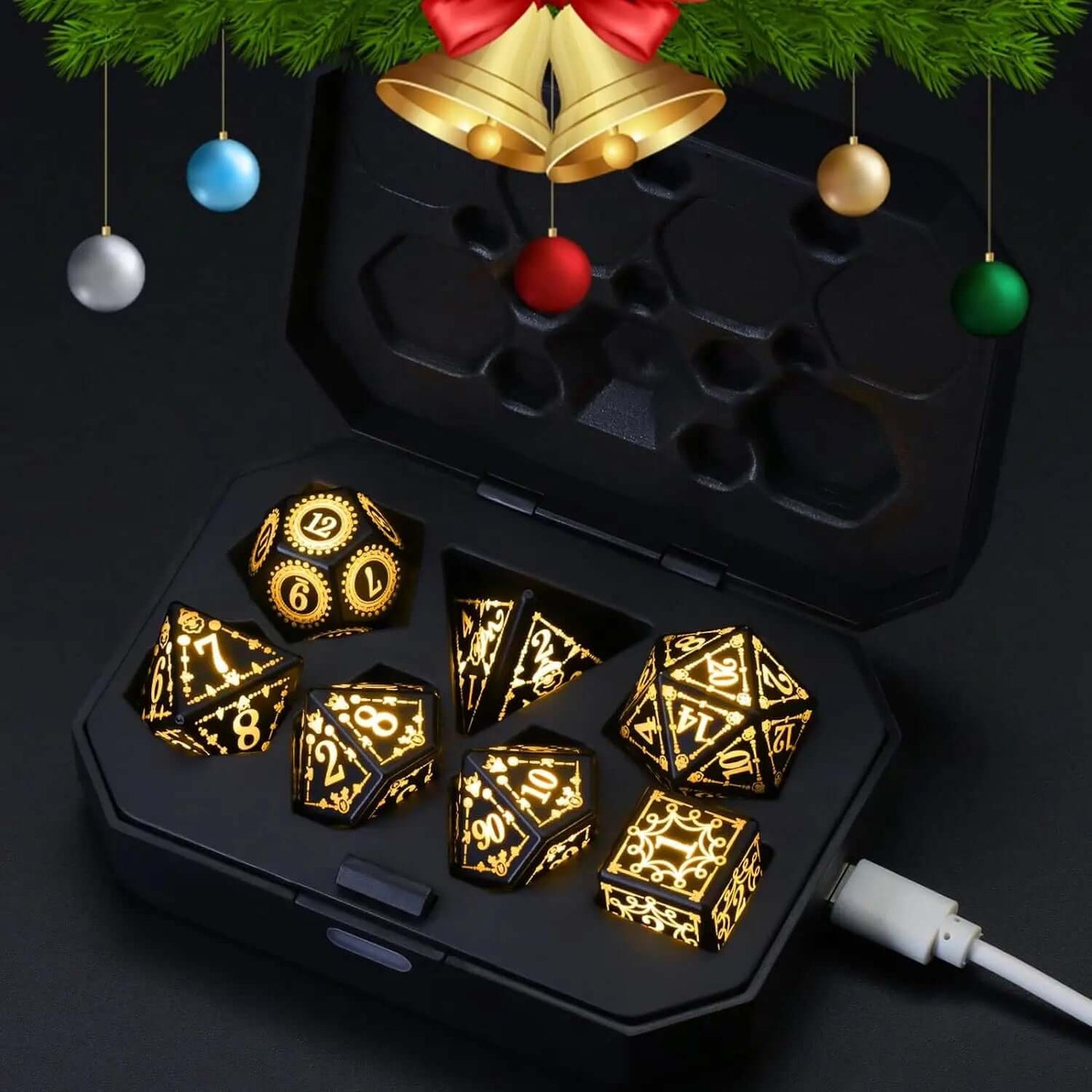 Rechargeable LED Dice Set with Charging Case - 7 Illuminated Dice for Dungeons & Dragons and Tabletop RPGs