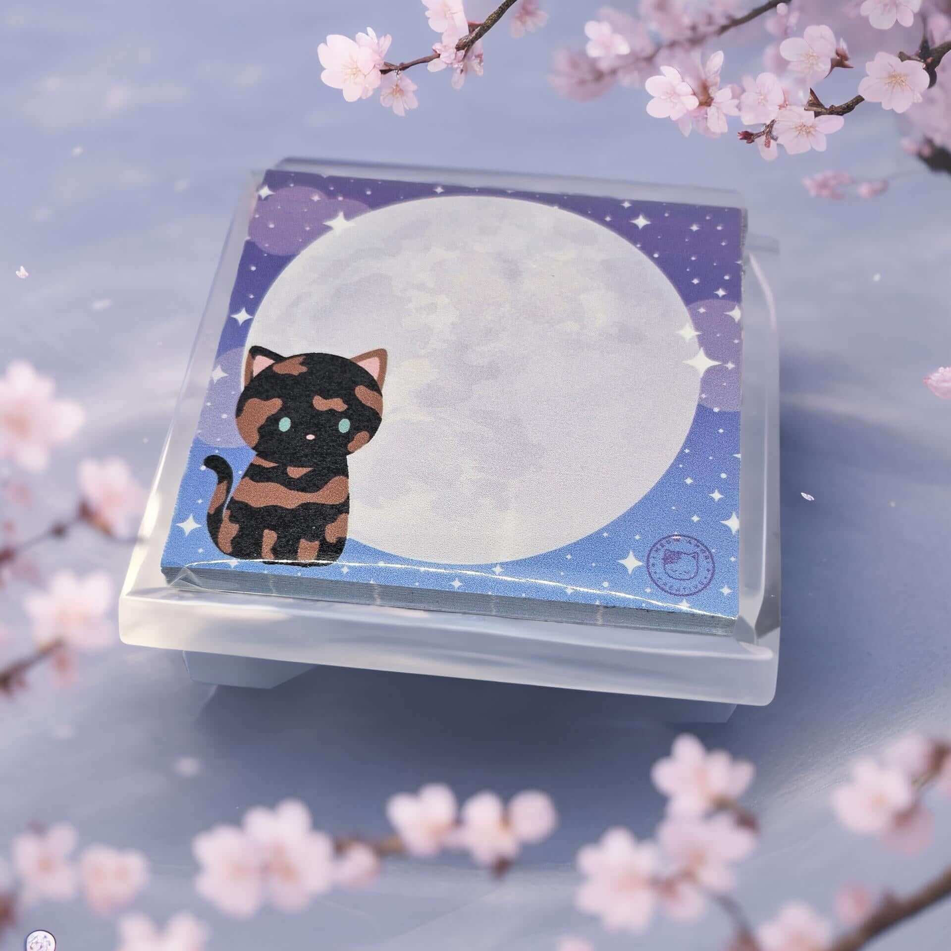 Tortie Cat on a Moon Sticky Notes - Enhance your cute desk aesthetics!