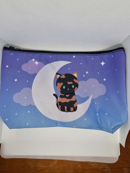 Luna moon cat bag - Tortie Cat sitting on A Moon, Canvas Zipper Bag