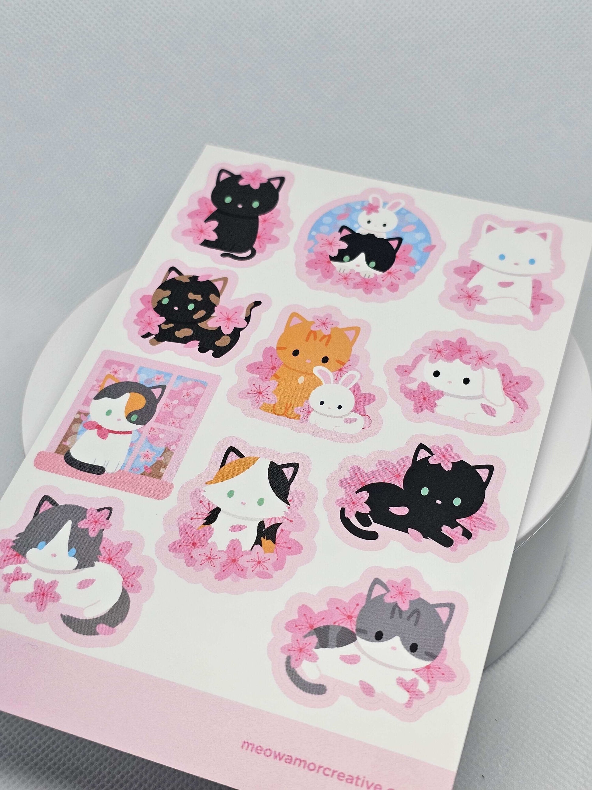 Cherry Blossom Vinyl Sticker Sheet - With this adorable Cat and Bunny