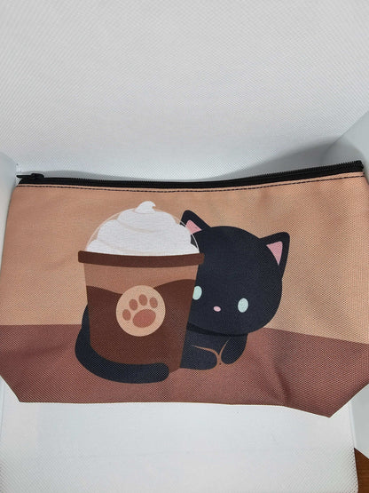 Fluffy cat case - Pencil Case, Black Cat and a Adorable Iced Coffee