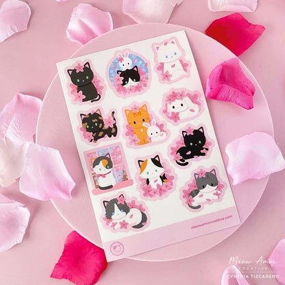 Cherry Blossom Vinyl Sticker Sheet - With this adorable Cat and Bunny