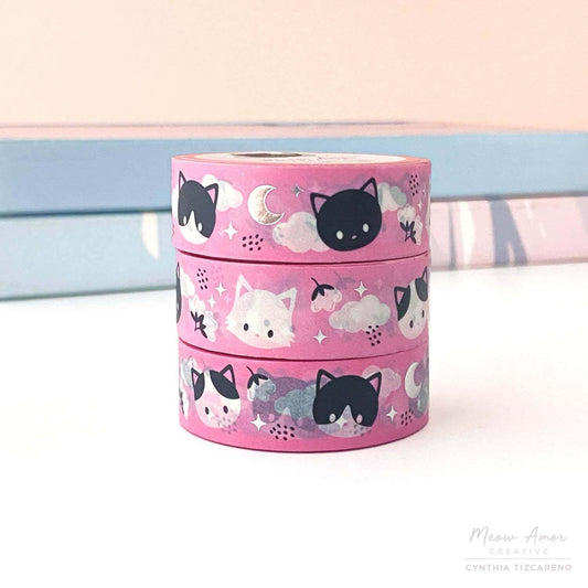 Pink Meow Meow Silver Foil Washi Tape - Enhance the project creativity