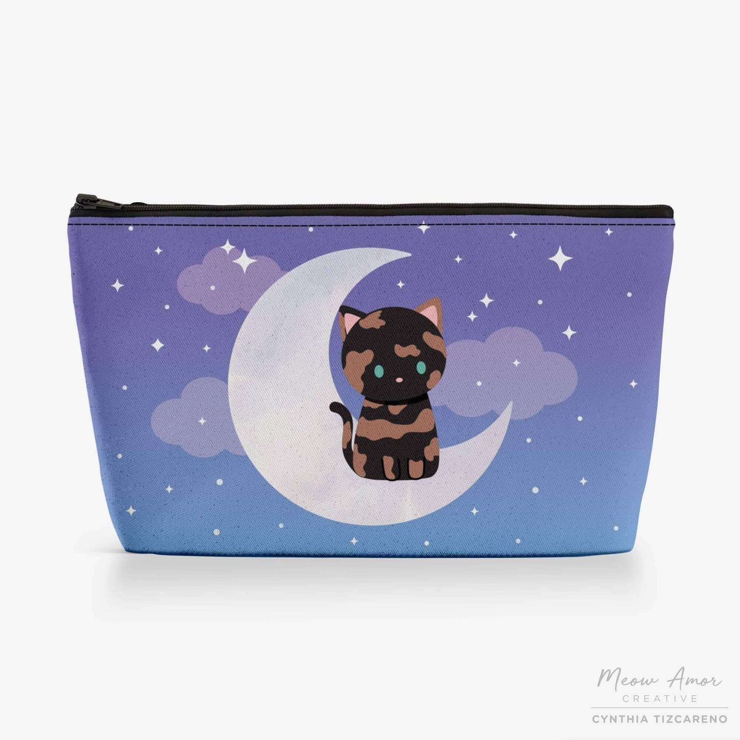 Luna moon cat bag - Tortie Cat sitting on A Moon, Canvas Zipper Bag