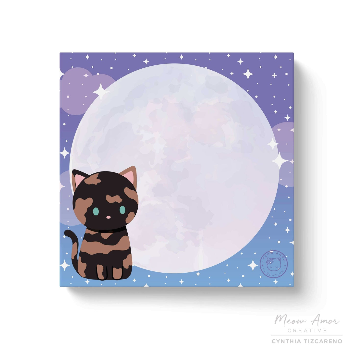 Tortie Cat on a Moon Sticky Notes - Enhance your cute desk aesthetics!