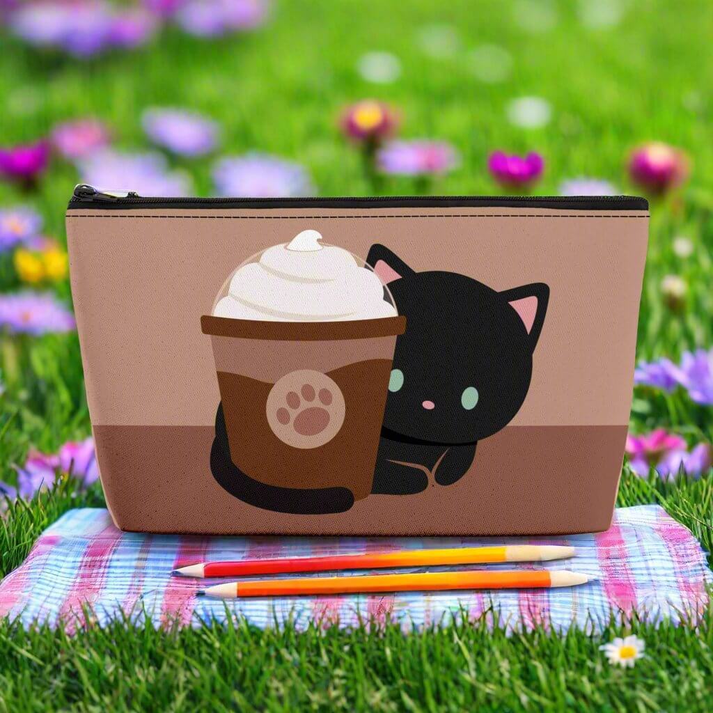 Fluffy cat case - Pencil Case, Black Cat and a Adorable Iced Coffee