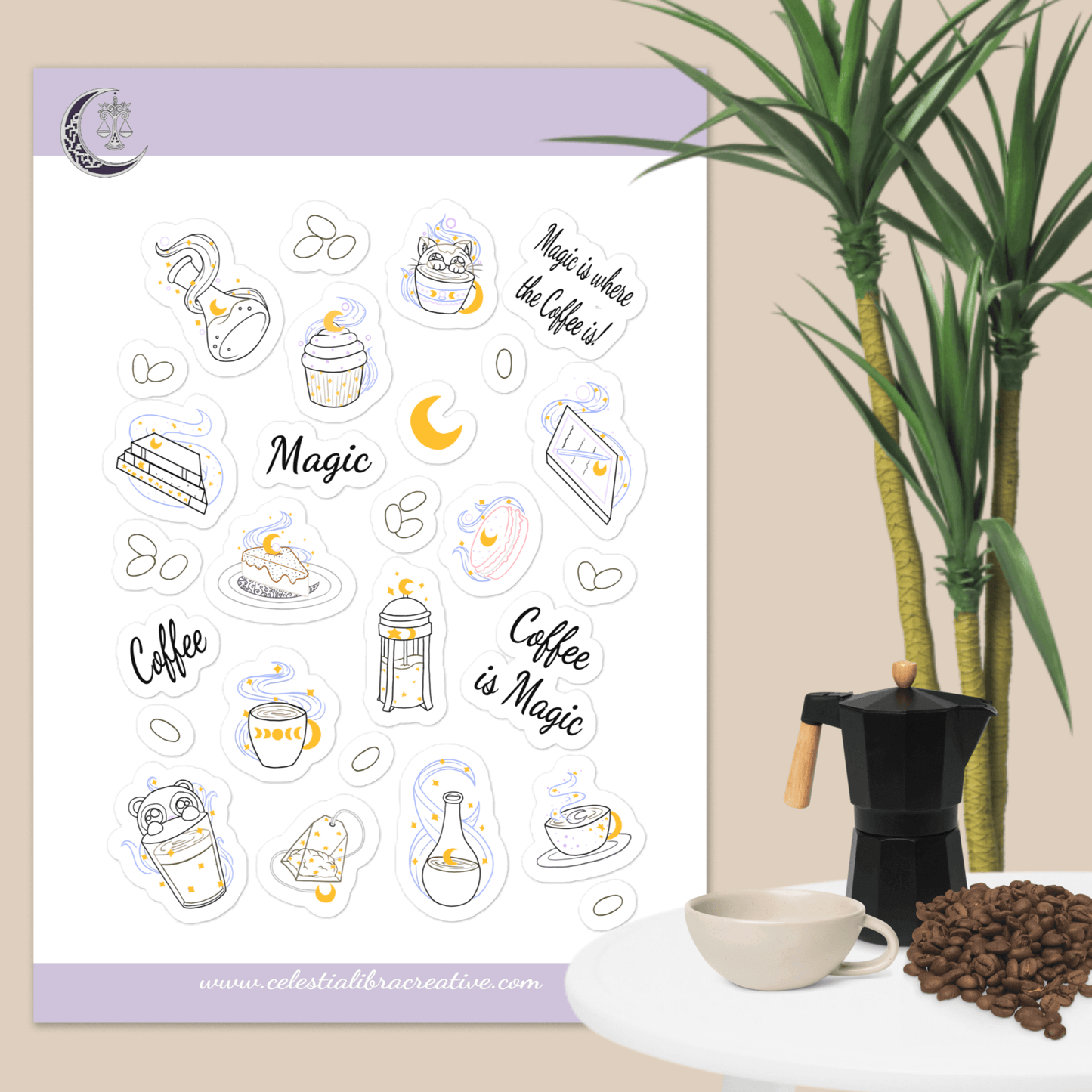 Enchanted cafe Dreams Sticker Sheet: Magical Coffee-Themed Stickers